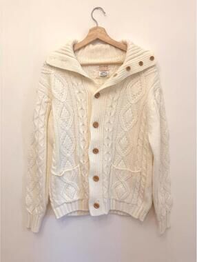 Vintage THANE Cable Knit Cardigan Sweater Cream Shawl Collar Button Front 80s